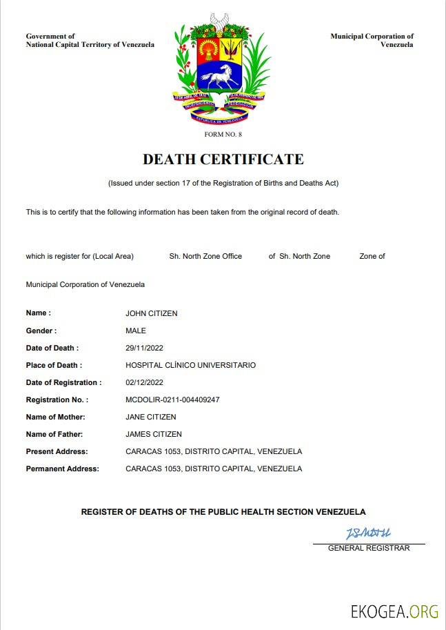 Modèle Word et PDF de certificat de décès de l'état civil du Venezuela